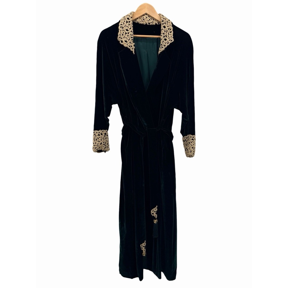 Vintage‎ 1930s Full Length Emerald Velvet Robe Gold Embroidered Silk Lined
